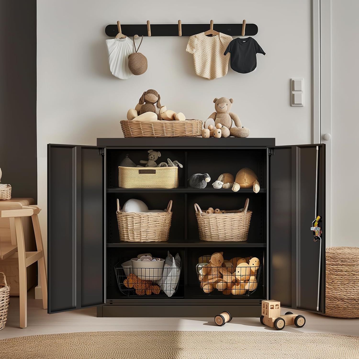 Frideko Aktenschrank 90 x 40 x 90cm - Metallschrank mit 2 Türen und 2 Verstellbaren Einlegeböden, Aufbewahrungsschrank mit Schloss für Zuhause, Büro und Lager, Schwarz