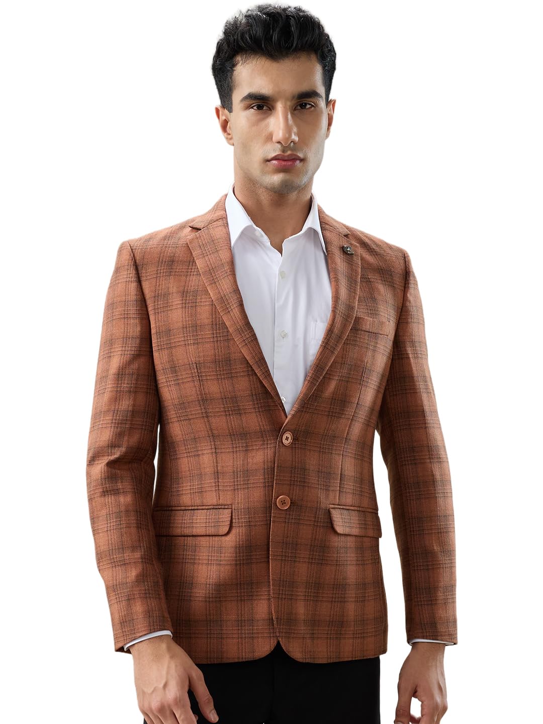 Poly Wool Blend Orange Checks Pattern Men Blazer-image-27