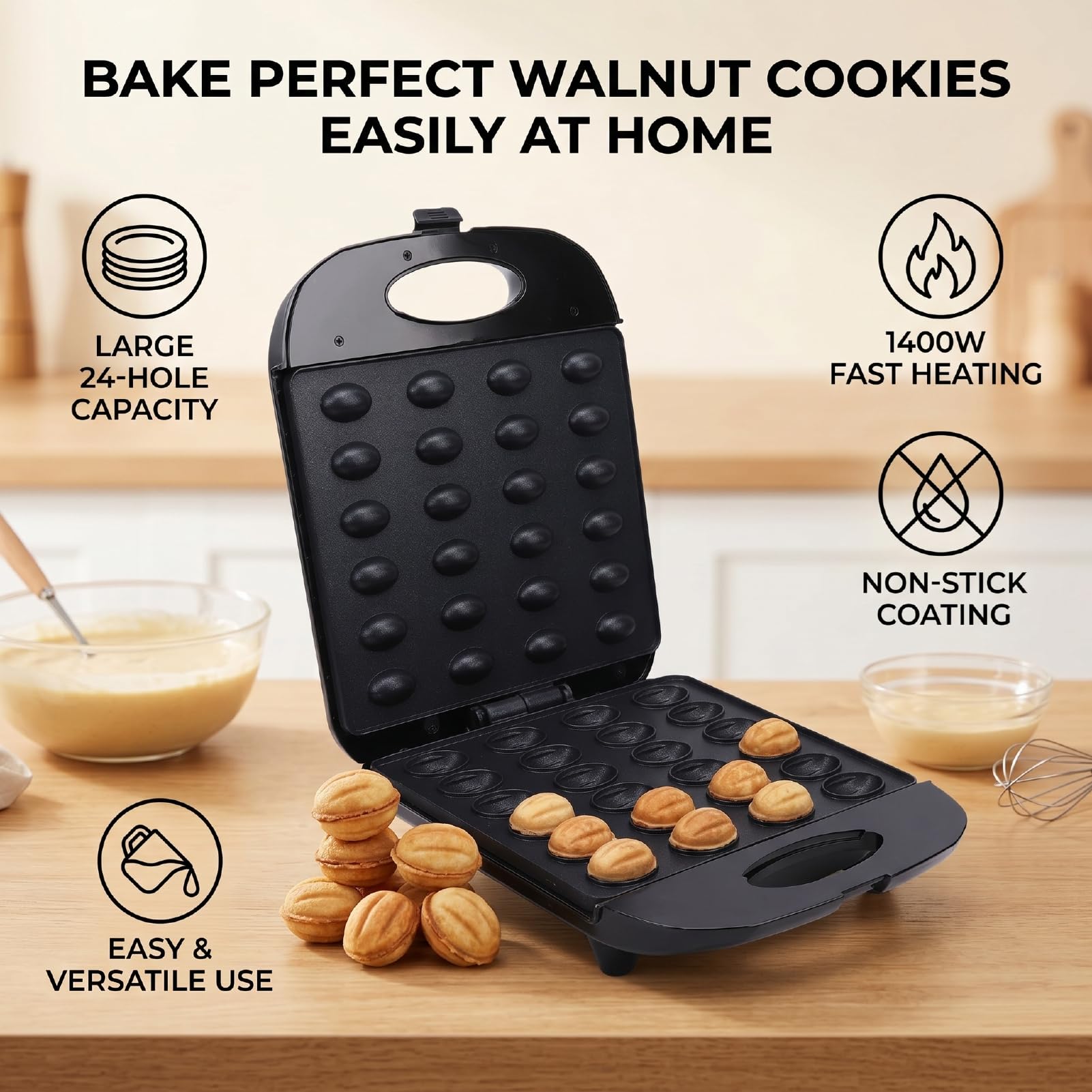 Macchina per la Colazione, Macchina per Biscotti Alle Noci e Noci Antiaderente a Doppia Faccia da 1400 W a 24 Fori per la Cottura Quotidiana in Casa (Spina europea 220 V)