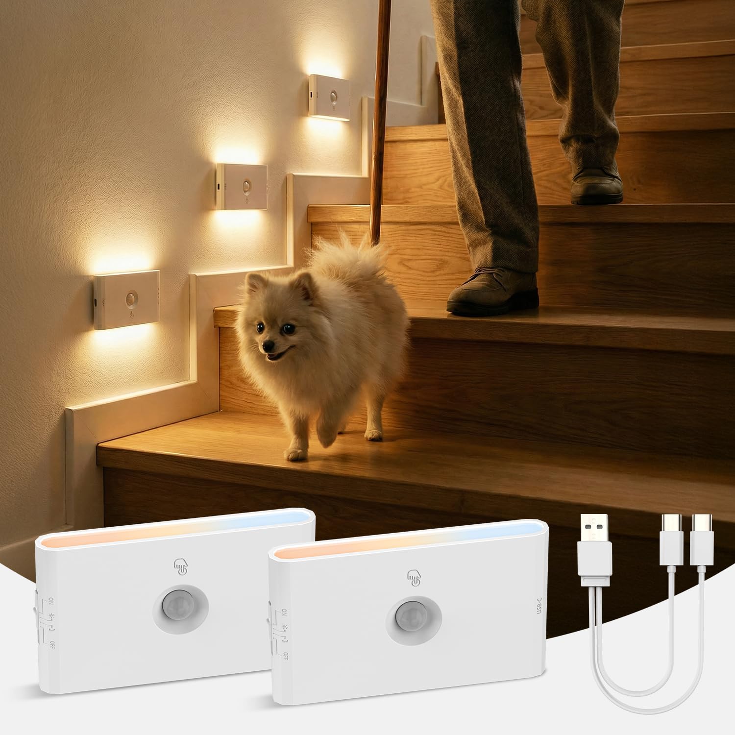 Luce Notturna Sensore di Movimento, 3 Modalità AUTO ON/OFF Lampada LED Ricaricabile, Luci Batteria Dimmerabile Bianco Caldo/Naturale/Freddo, Lucina Notte Bambini per Armadi, Scale, Corridoio, 2 Pezzi