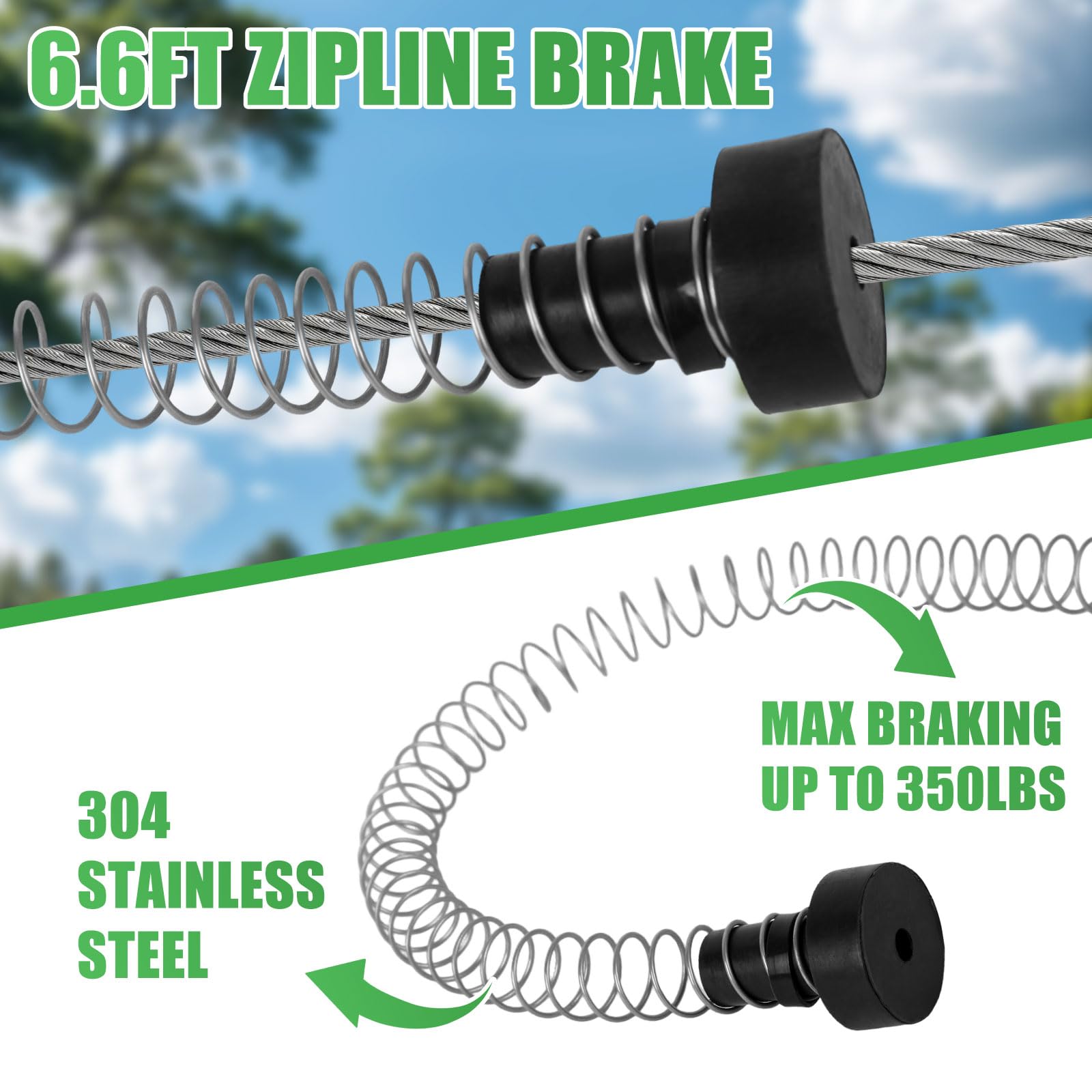 Zipline Frein à ressort 2 m, frein à zipline en acier inoxydable à haute résistance, système de freinage à fermeture éclair robuste, pour câbles de 3/16 1/4 5/16 3/8"