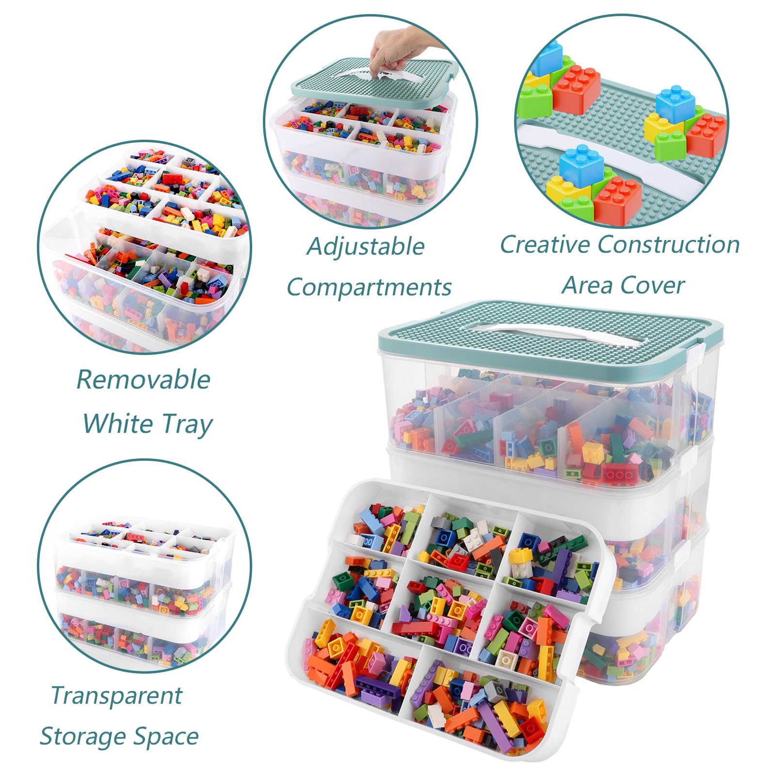 Boite Rangement, Boite de Rangement, Boite de Rangement Empilable Vert, 3 Niveaux Boite Rangement Plastique, Boite Rangement Plastique avec Couvercle pour Blocs de Construction