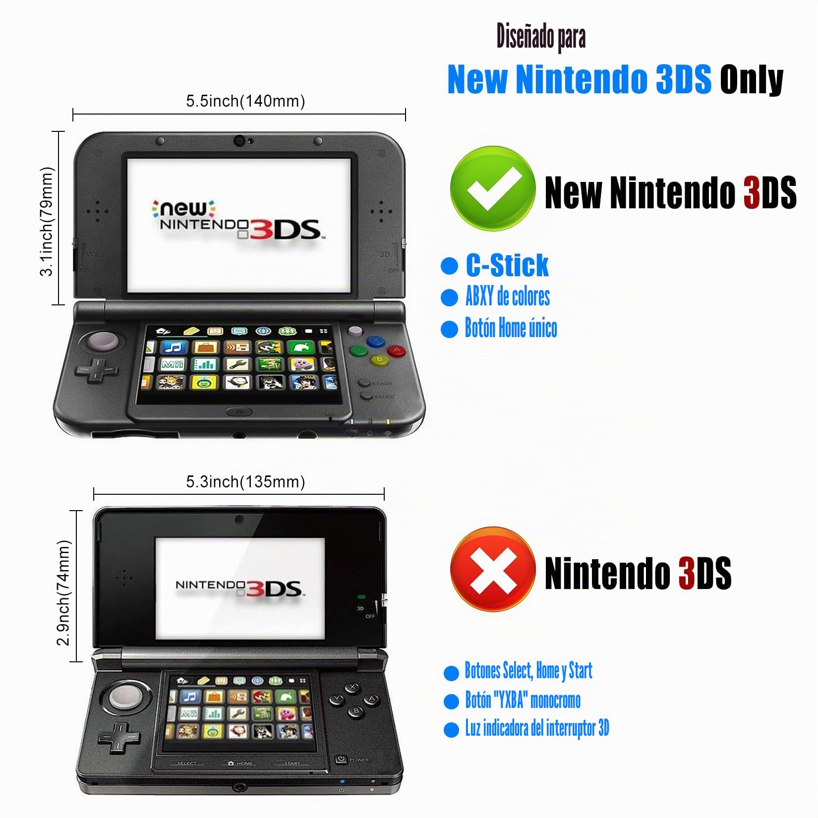 VSEER Funda 3DS – Carcasa rígida transparente ultra transparente para Nintendo New 3DS – [Nuevo diseño modificado sin bisagras]