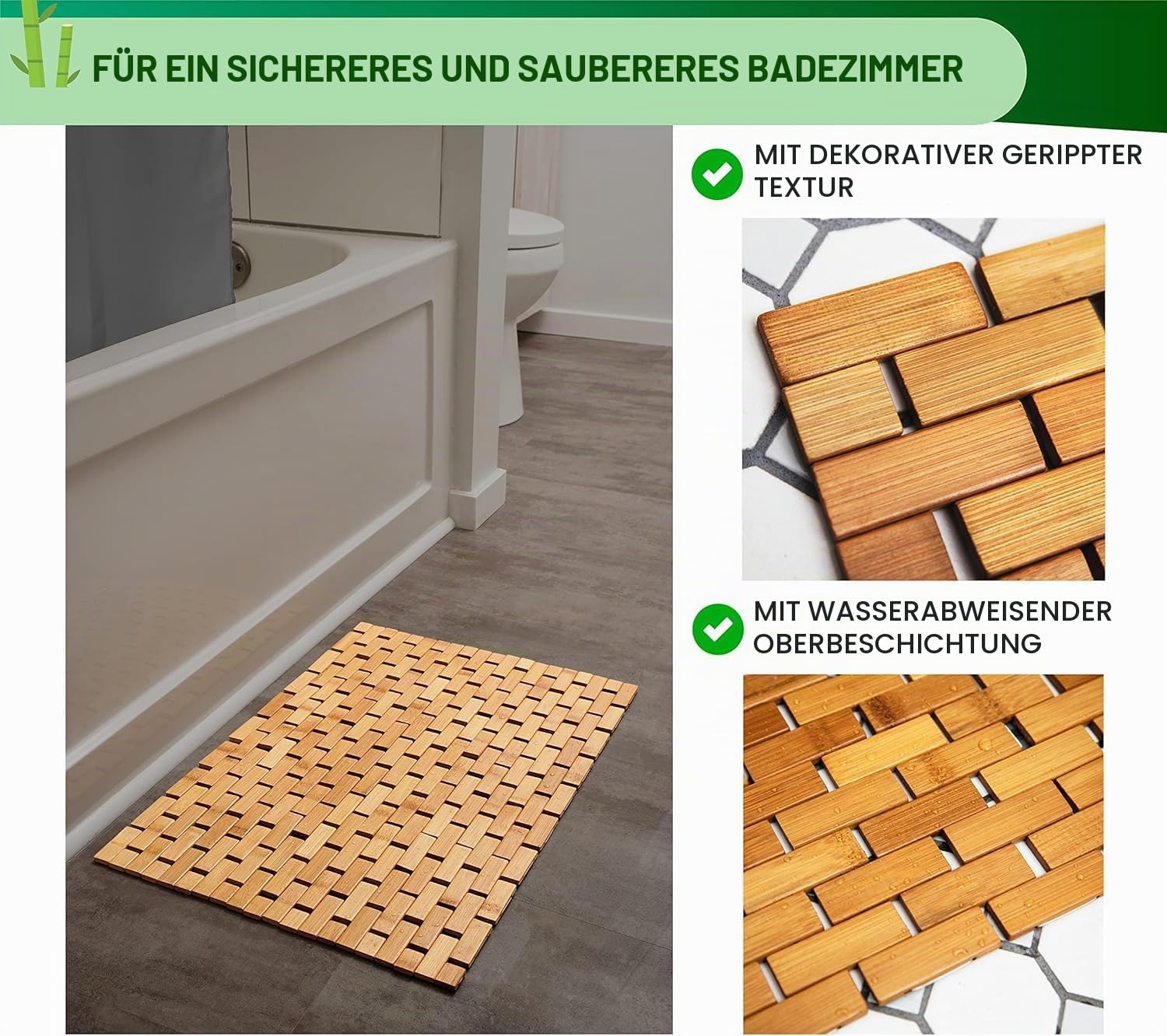 Badematte aus natürlichem Bambusholz, groß, lang, faltbar (45,7 x 86,4 cm (B x L), gummierte Unterseite, Bodenzubehör für Badezimmer, Sauna, Spa und Badewanne, Keine Nägel