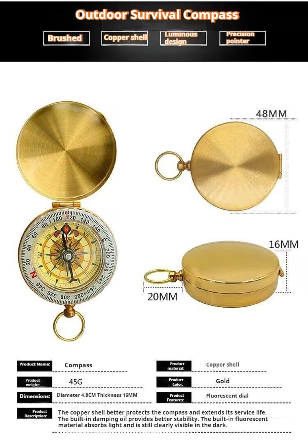 Amazleer Boussole en laiton pour l'extérieur, étanche, avec chiffres lumineux, étui à rabat portable pour la randonnée, le camping et les aventures en plein air