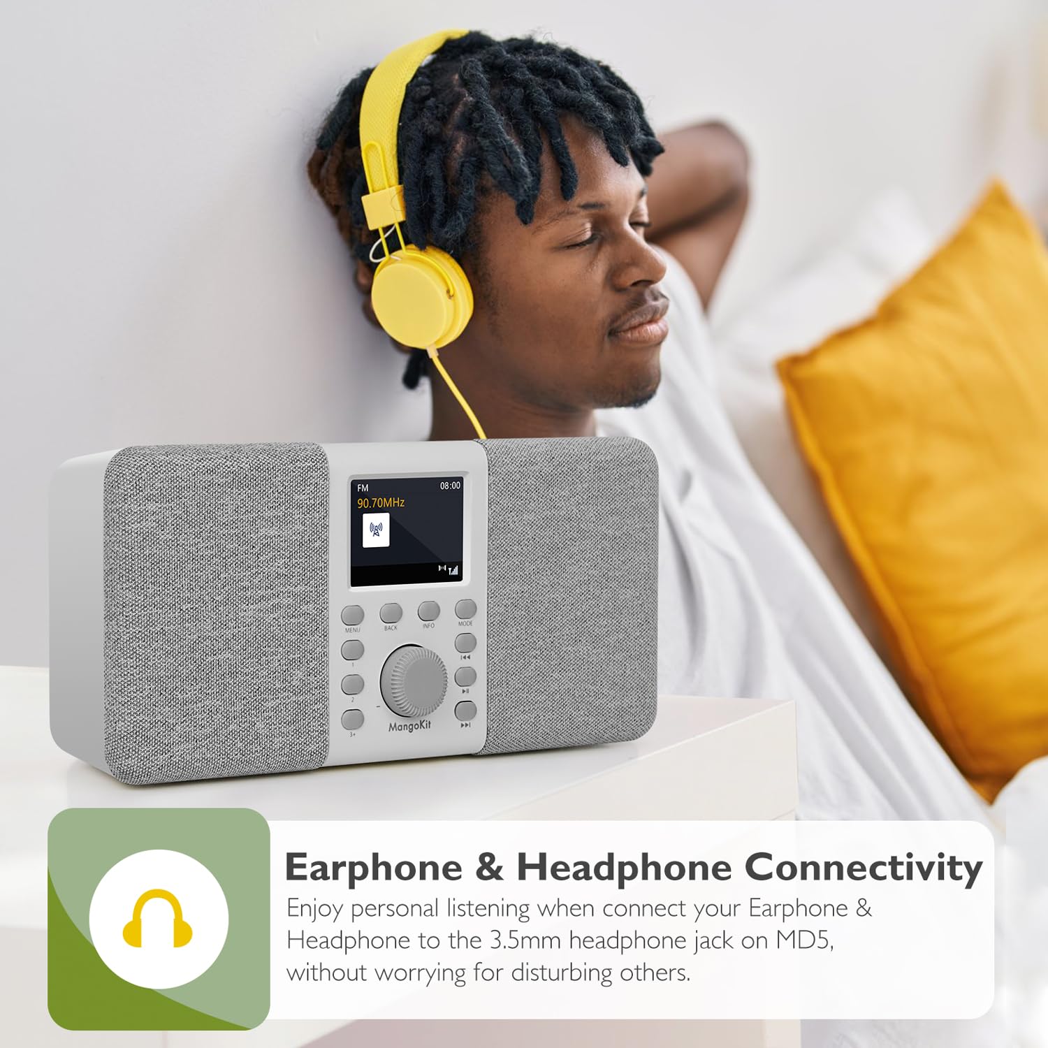 MD5 DAB stereo con altoparlante Bluetooth,digitale DAB+,radio FM da alimentata a rete a batteria,display a colori,40stazioni preimpostate,sveglia e orologio,Snooze,porta cuffie-grigio pietra