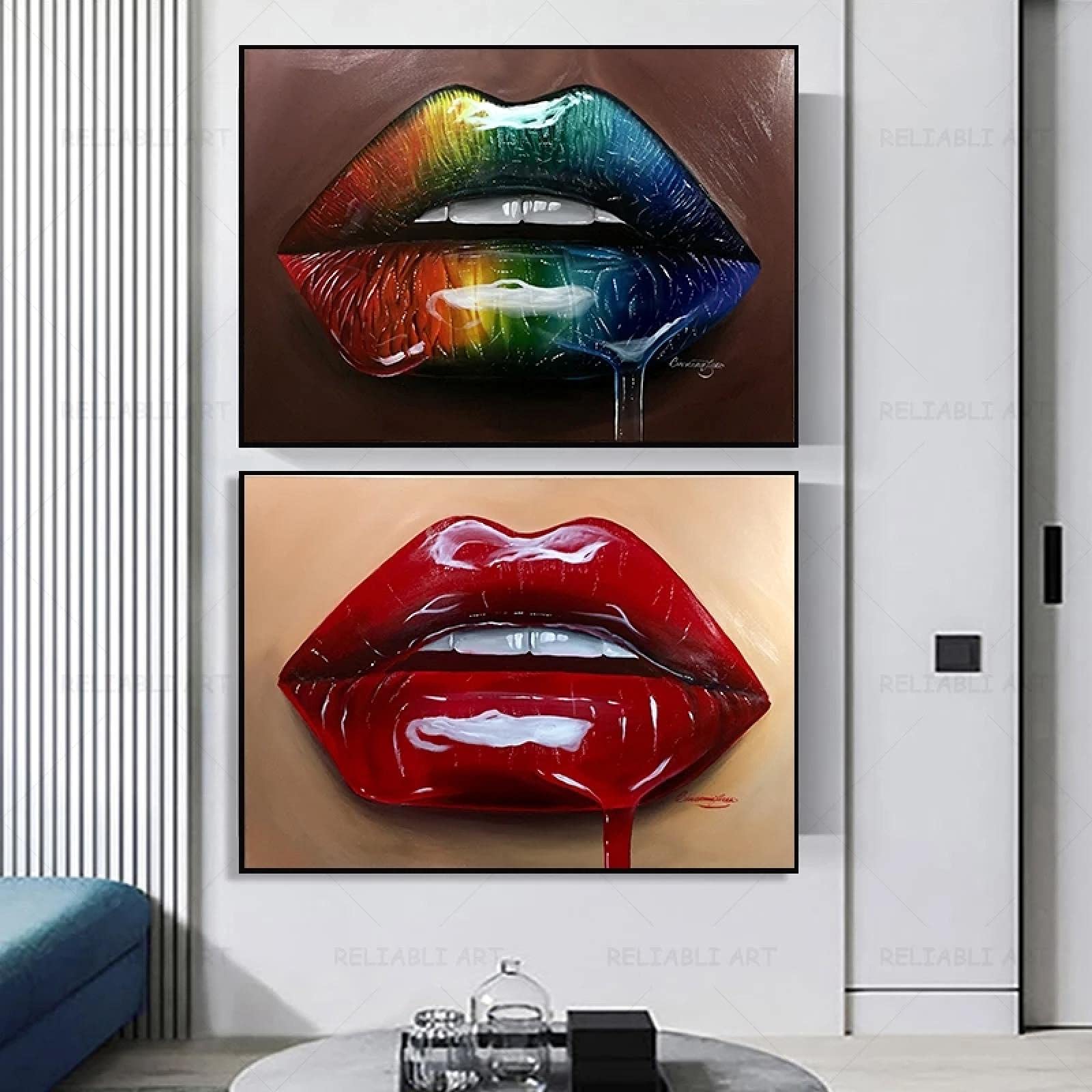 Amazon.co.jp: 赤い唇油絵壁アートプリントカラフルな口液体ポスターと