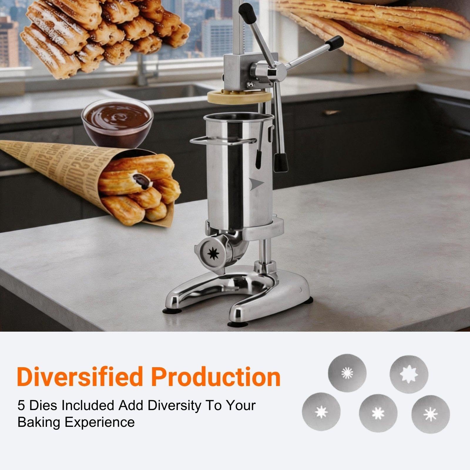 Machine À Churros 2L/3L Verticale avec 5 Moules et Cuve Amovible pour Churros Espagnols, Idéale pour Restaurants et Boulangeries 3L