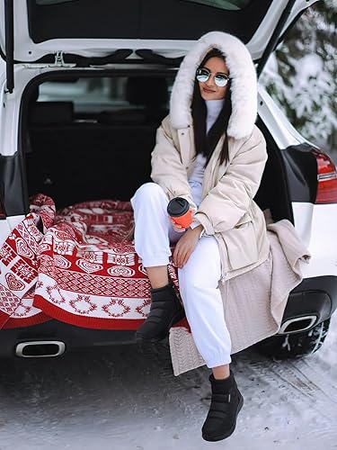 Miniatura 6 de TEMOFON Botas de nieve de invierno para mujer botas anchas con forro de piel cálida con forro de piel negra, cómodas botas planas para caminar al