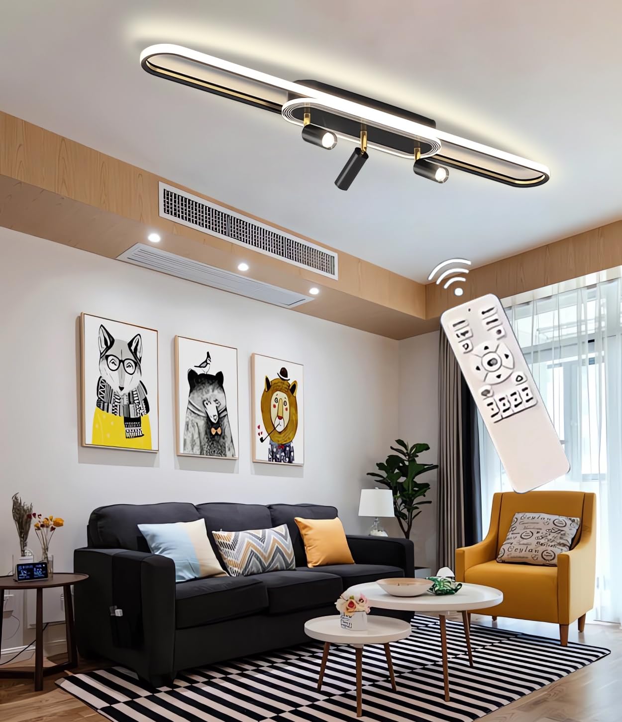MOMOYY Modern Dimmable Pendant Light Spotlights(Height Adjustable) LED Ceiling Light with Remote Control for Kitchen Ceiling Lighting Dining Room Chandeliers Living Room Ceiling Lamp (Black, B120CM)
