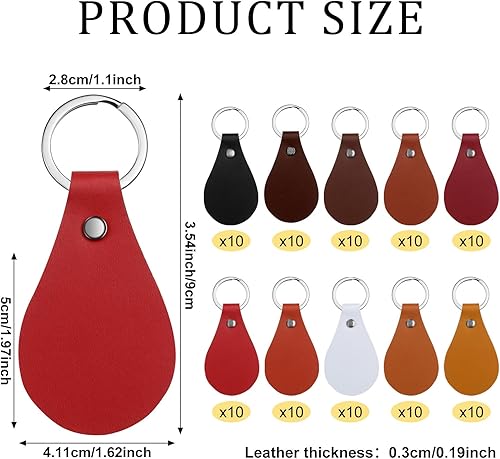 Miniatura 2 de Nosiny 100 llaveros de cuero en blanco a granel de 10 colores para grabado láser, kit de llavero de piel sintética para bricolaje, Bright Color,