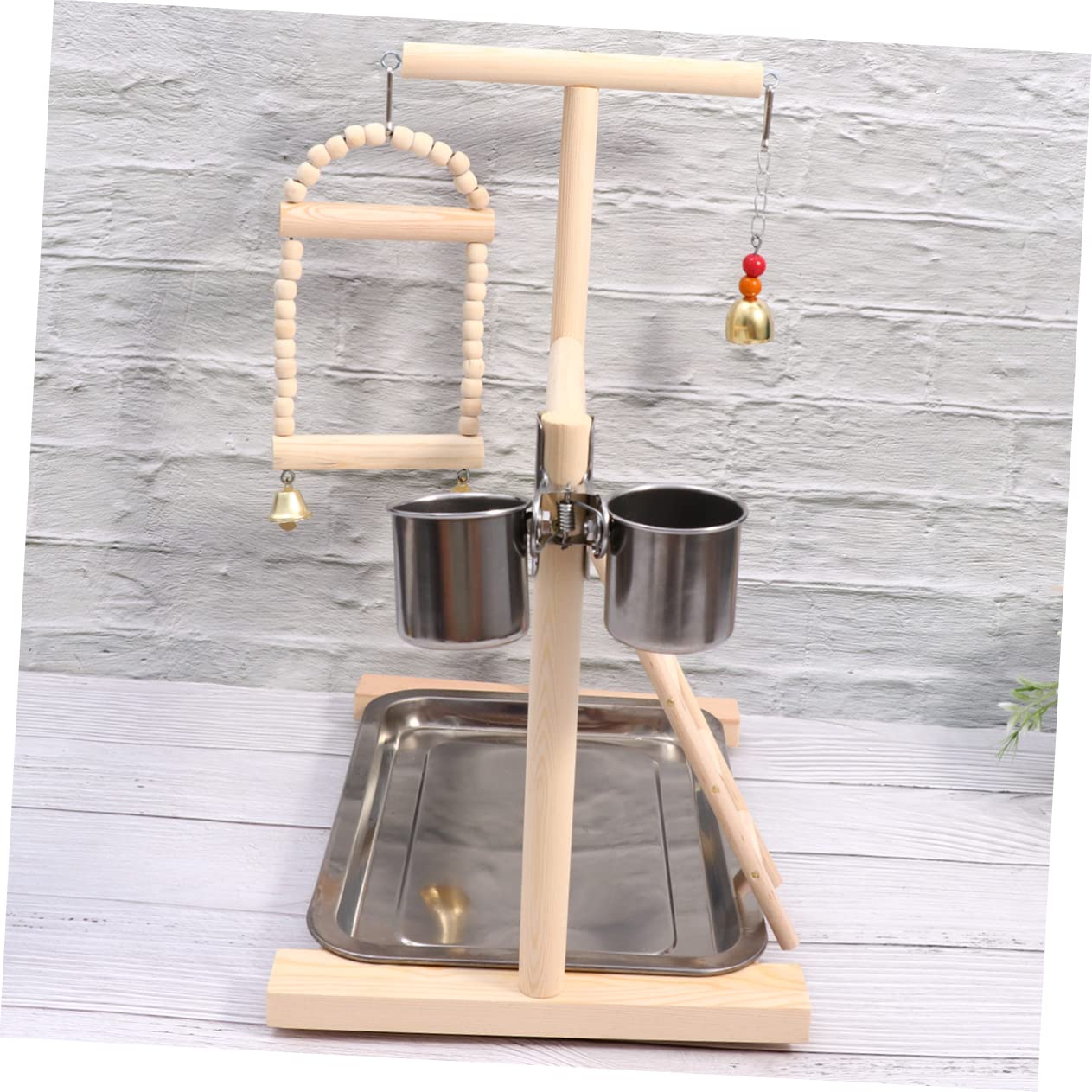 Hohopeti Area Giochi per Pappagalli in Legno Scala e Altalena | Ciotola in Acciaio Inox, Pendente Campanella, per Gabbia e Giardino Colore Casuale