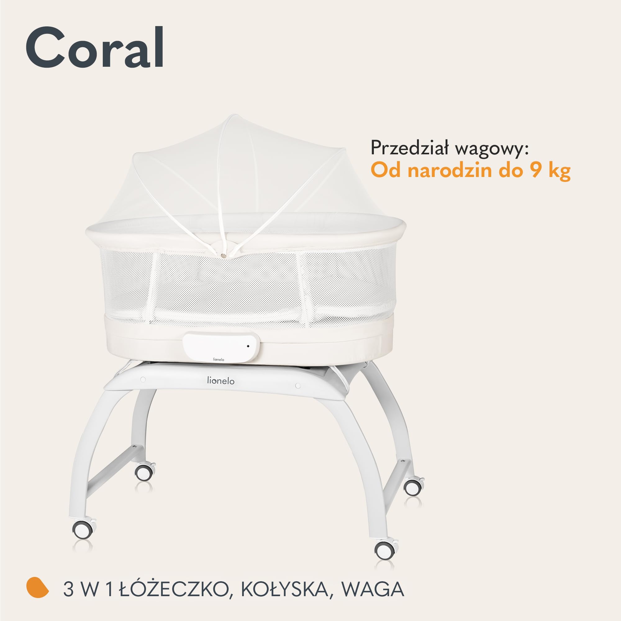 LIONELO CORAL 3 W 1 Łóżeczko Dziecięce do 9 kg, Kołyska, Waga Dziecięca, 5 Prędkości Bujania, 12 Melodii 4 Kółka Ergonomiczny Materac Timer Pilot Moskitiera | 5 prędkości kojącej huśtawki, timer, materac T25, standardowy z kółkami, moskitiera, pilot zdaln