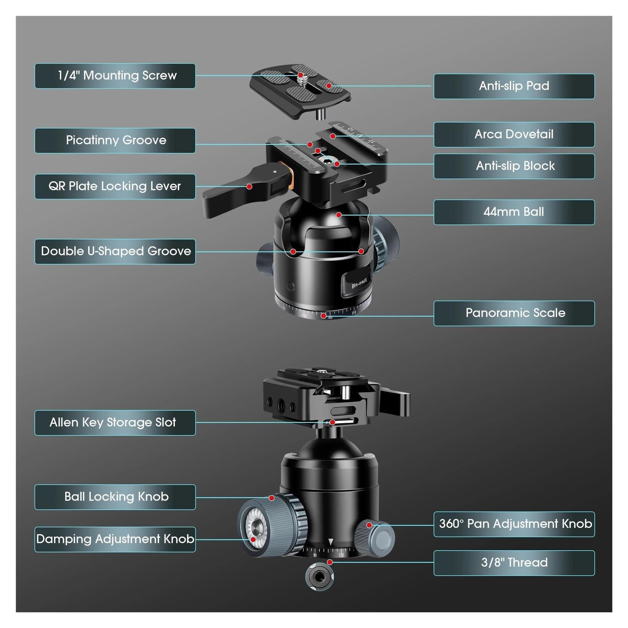 BH-PA02 Testa a sfera Arca da 44 mm, carico di 20 kg