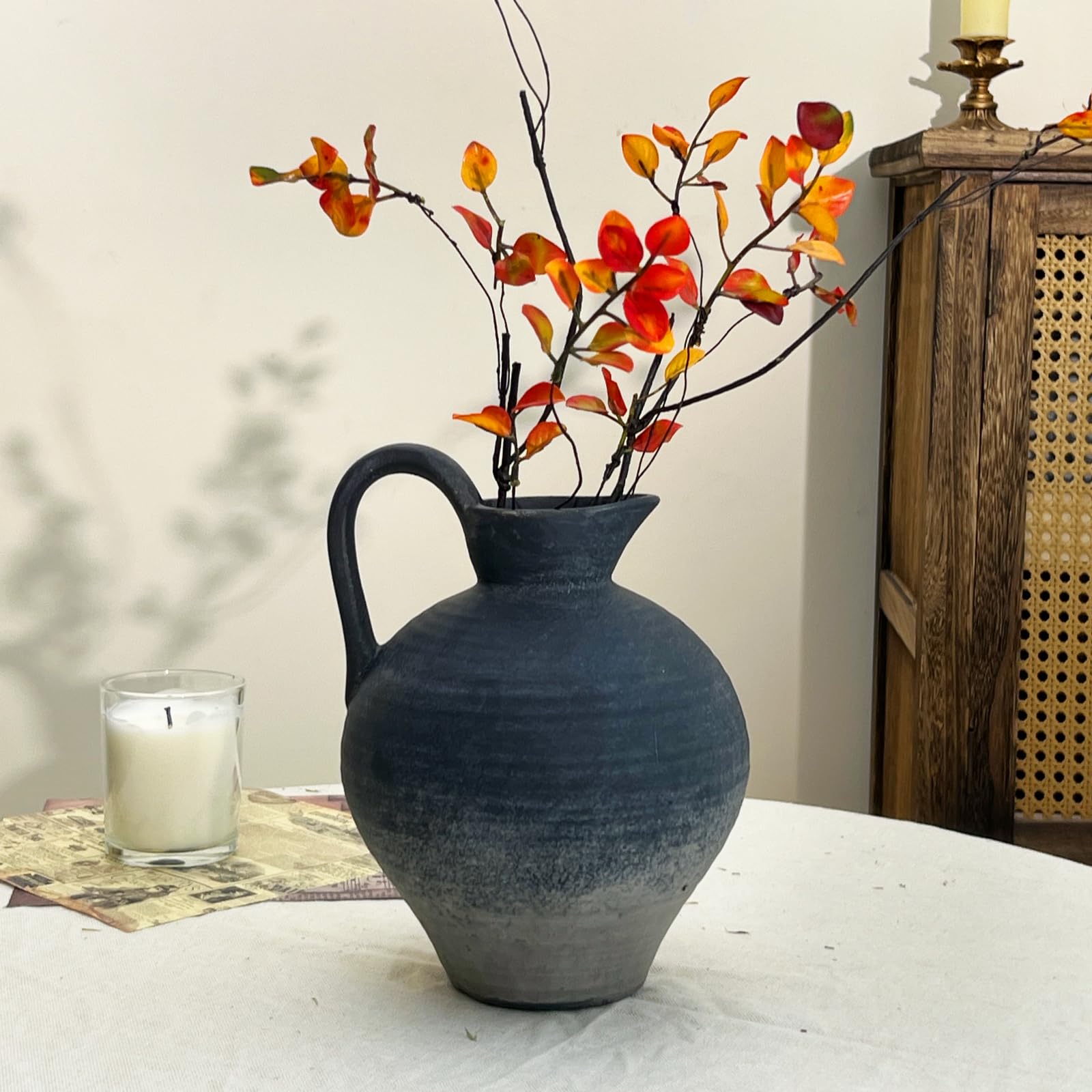 Vase En Céramique Vintage Brun - 22,5 Cm De Haut, Décoration Salon Ou Table, Style Rustique élégant (fait Main, Pour Fleurs Fraîches Ou Séchées)