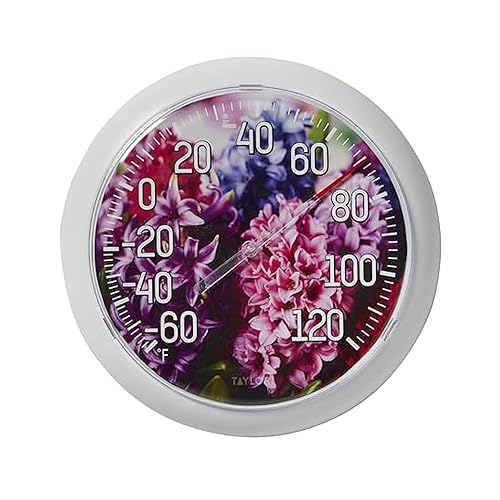 Taylor Termómetro de esfera Hyacinth Garden para interiores y exteriores, termómetro inalámbrico con decoración de pared fácil de leer para patio,