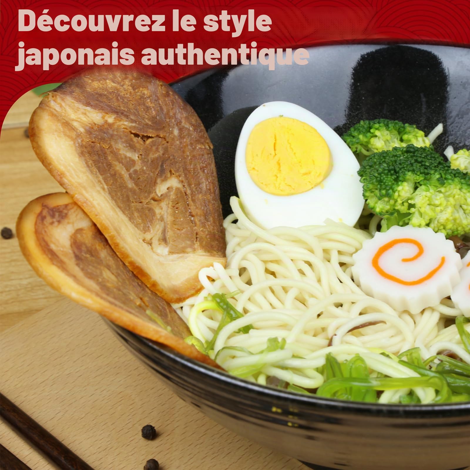 Lot de 2 bols à ramen japonais en céramique avec baguettes et cuillère, style asiatique en porcelaine, saladier, bol à soupe instantanée, 1200 ml, noir