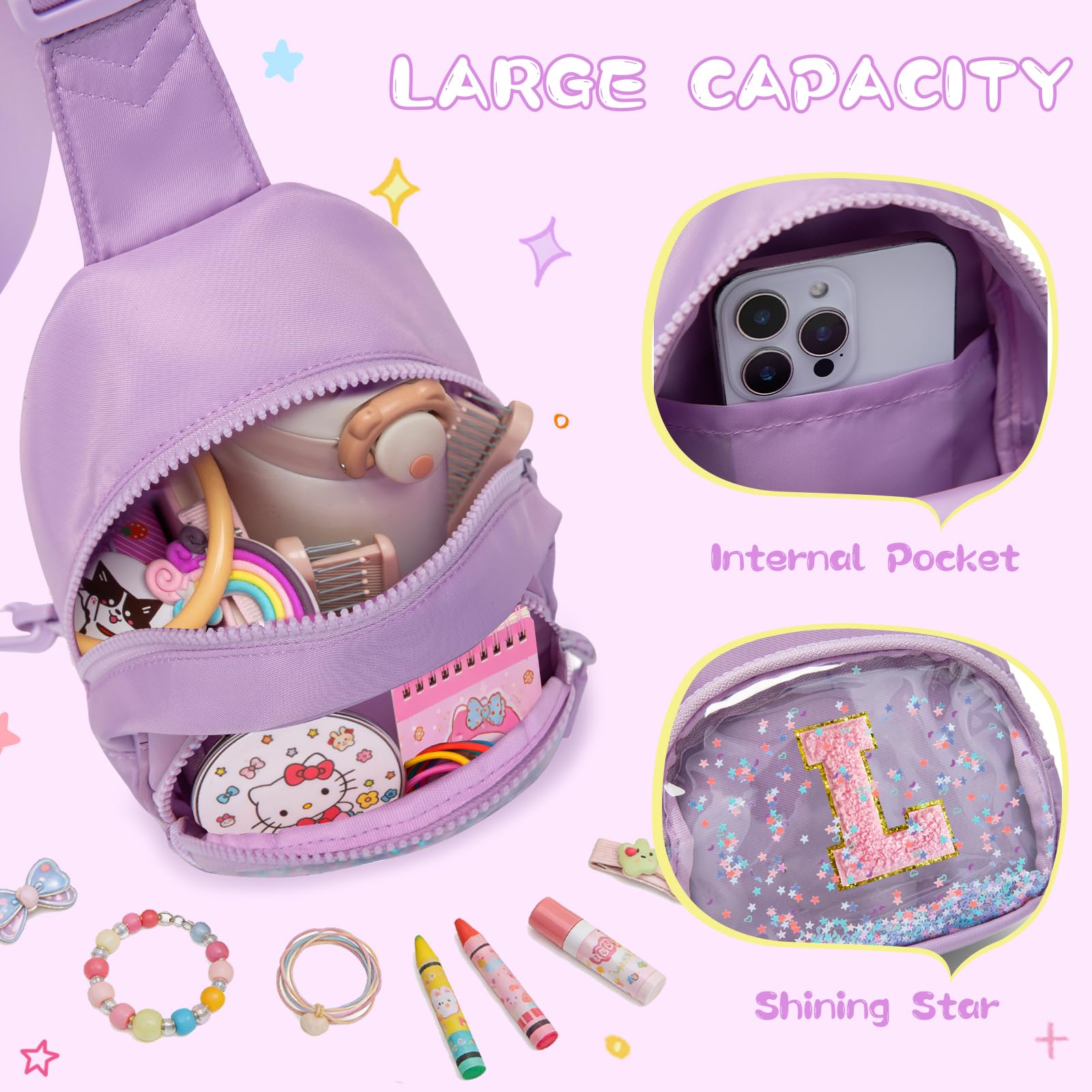 Viverte Birthday Gifts for Girls Small Clear Initial Sling Bag Crossbody Bag Purse Fanny Packs Personalized Monogrammed Gifts for Girls for Travel (Lavender-L) - 4