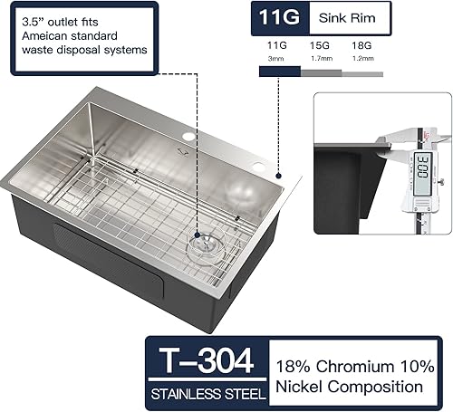 Miniatura 3 de Fregadero de cocina de 33 x 22 pulgadas, montaje superior caído, calibre 16, radio apretado, cuenco individual, fregadero de cocina de acero
