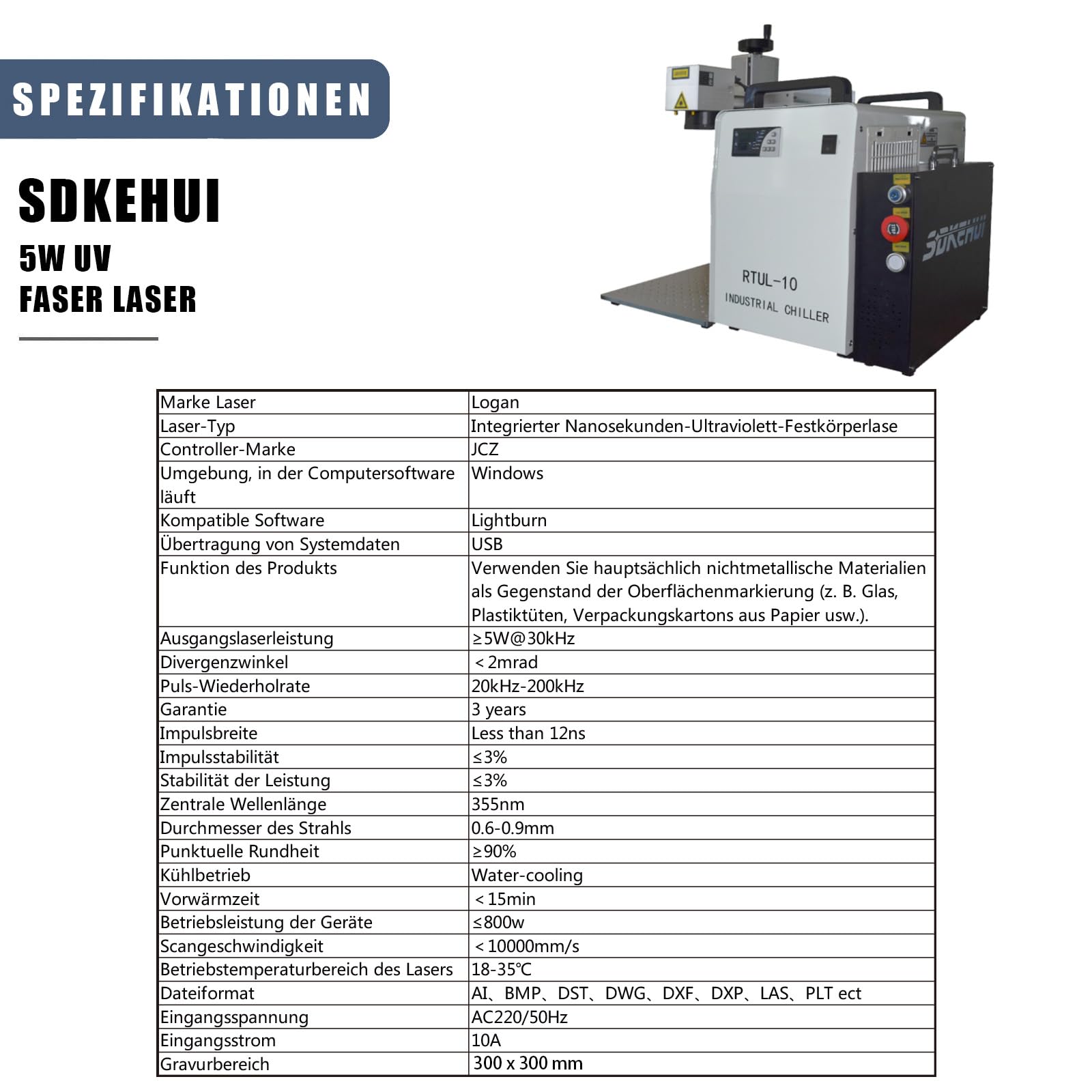 5W 300 * 300 mm Logan UV Fiber Laser Marking Machine Lasergravur Maschine Gravur Graviermaschine Cutter Beschriftungslaser 20 kHz-200 kHz For Jewelry,Sliver,Gold Compatible LightBurn