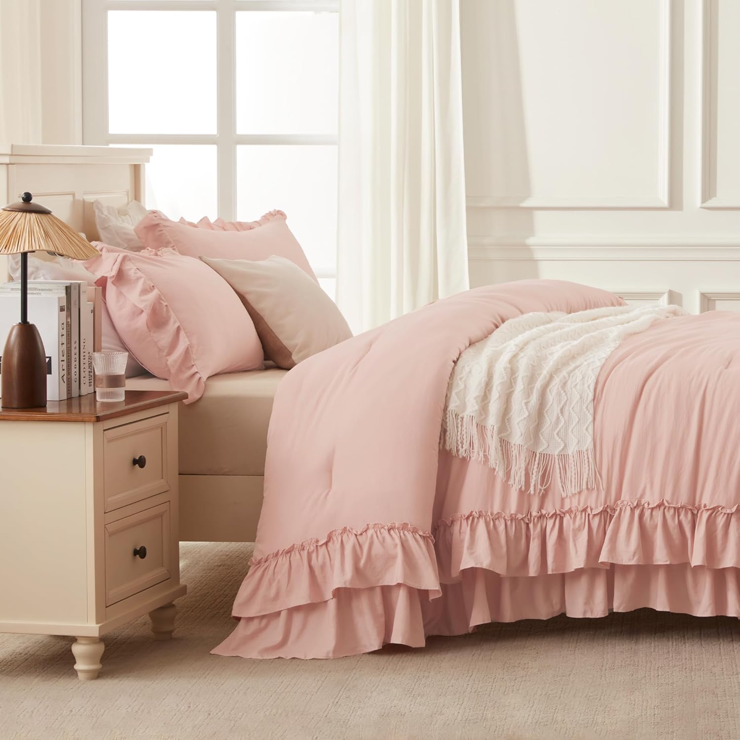 Andency Blush King Comforter Set(104x90Inch), 3 Pieces Farmhouse Shabby Chic Ruffle Bedding Comforter Sets, Lightweight Fluffy All Season Soft Microfiber Bed Set - Image 5