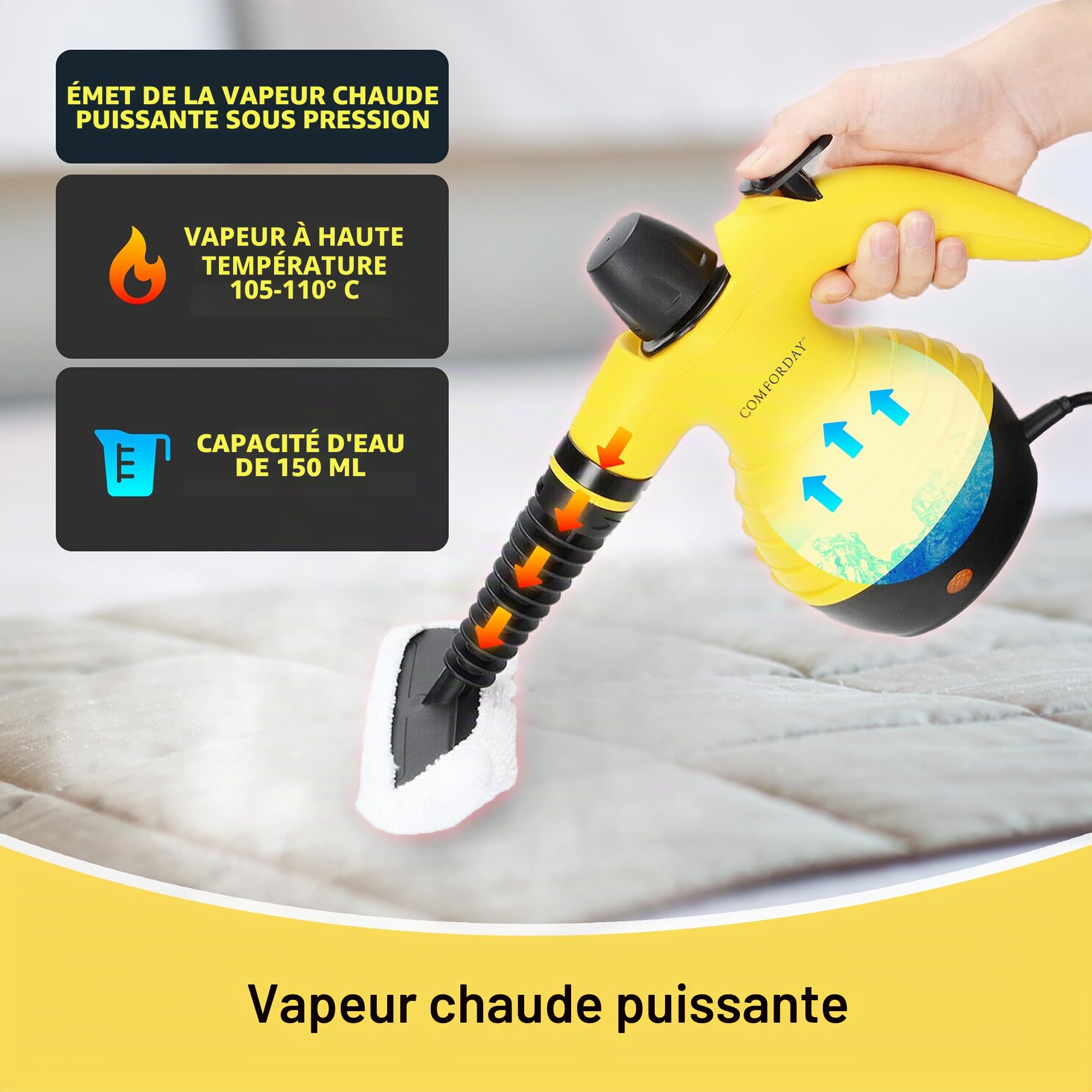 Comforday Nettoyeur Vapeur à Main 9 Accessoires nettoyeur haute pression Multi-usage, pour sols, meuble, voiture, salle de bain, fenêtre, tapis cuisine, steamer cleaner