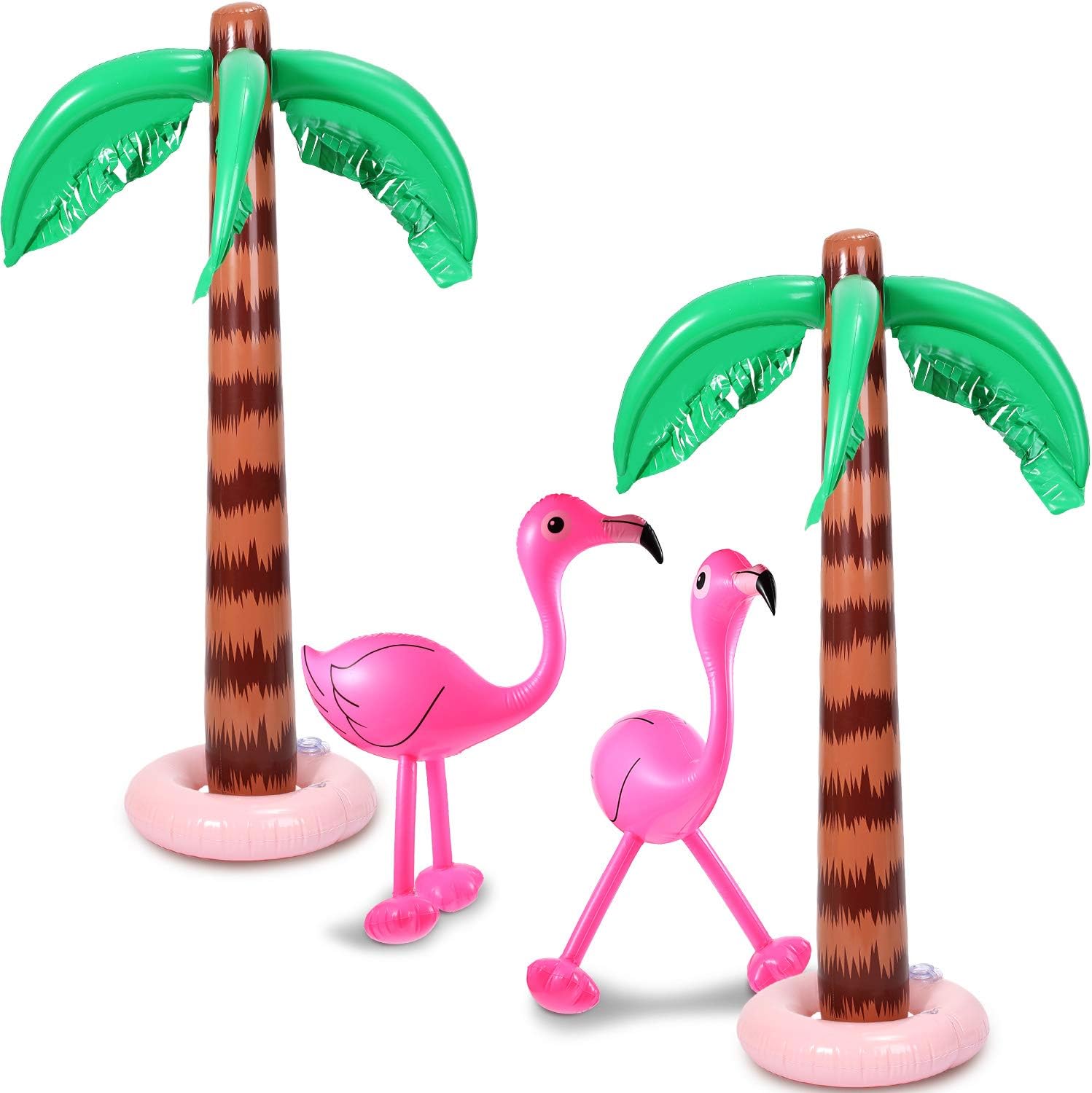 Set of 4 Inflatable Palm Trees and Beach Inflatable Pink Flamingo for Hawaiian Pool Summer Luau Party Decoration