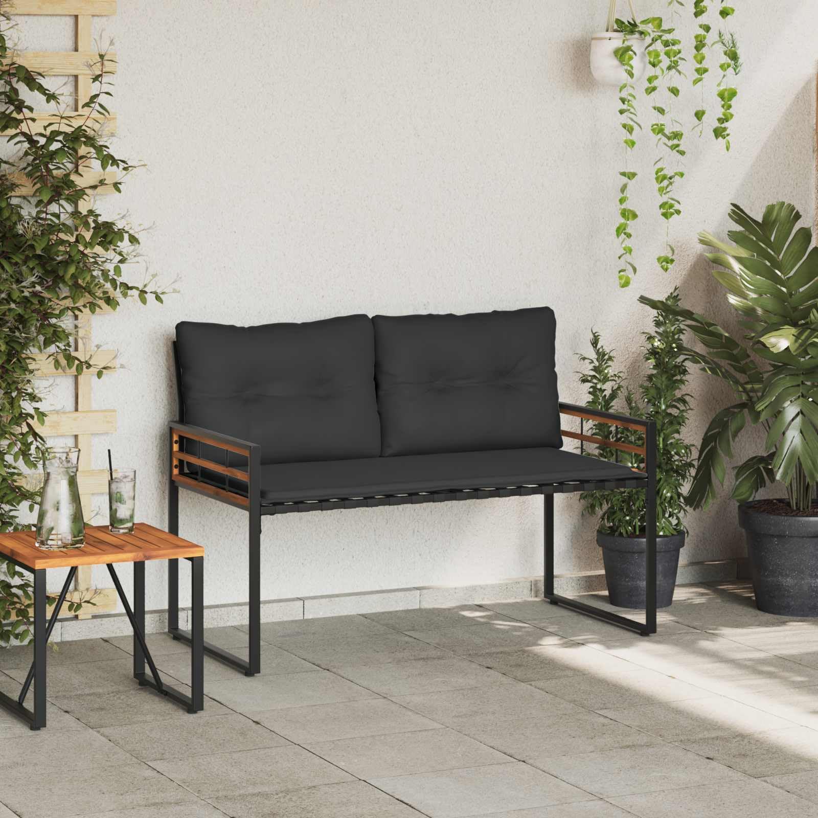 Banco de madera con cojín, color gris pálido, 114 x 55 x 77 cm, banco para balcón y jardín de madera maciza de acacia y acero con recubrimiento en polvo, con patas ajustables