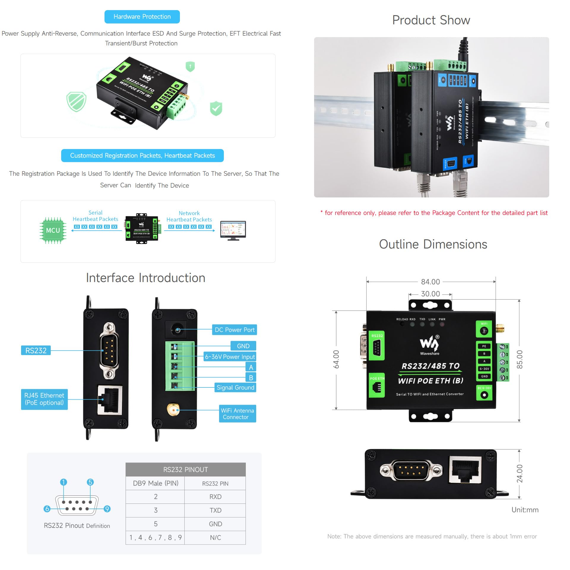 Waveshare Industrial Grade Serial Server RS232/485 to WiFi and Ethernet, Modbus Gateway, MQTT Gateway, Metal Case, Wail-Mount and Rail-Mount Support