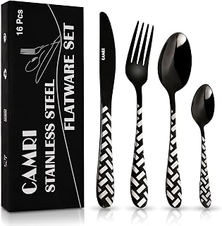 16 Pc Cutlery Set - Stainless Steel, Silverware Tableware, Knife Fork Spoon Set for 4, Dishwasher Safe (Cross Black Pattern)