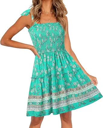 ZESICA Women's 2023 Summer Boho Floral Printed Spaghetti Strap Square Neck Ruffle A Line Swing Beach Mini Dress