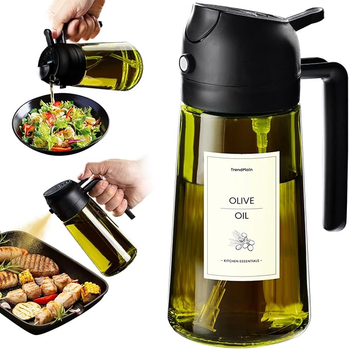 TrendPlain - Original 16oz/470ml Olive Oil Dispenser Bottle for Kitchen Gadgets and Air Fryer Accessories - Olive Oil Sprayer for Cooking w/Stickers - Black