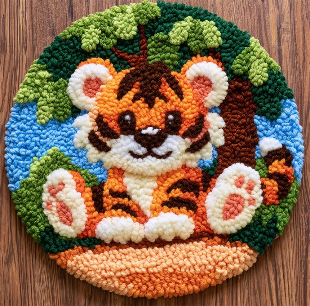 kitphoenix Latch Hook Rug Kit, DIY Latch Hook Tiger Under The Tree 20X20Inch (50X50Cm) Rug Handmade Carpet, Crochet Yarn Embroidery Needlework Hooks DIY Latchs Kit for Beginners, Home Decor