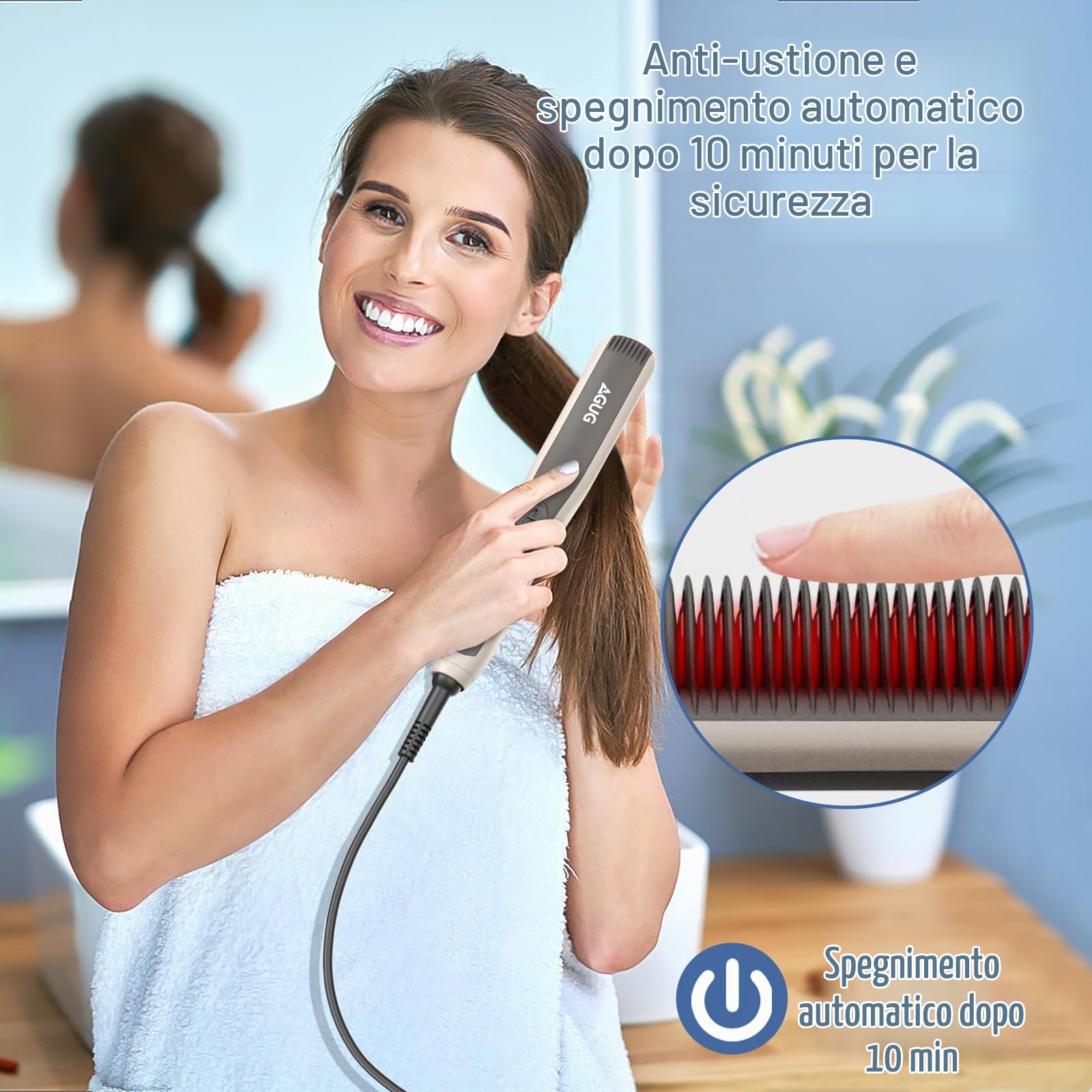 Spazzola Lisciante per Capelli, AGUG Pettine Riscaldante Lisciante 130-200°C Riscaldamento rapido 30s Piastra per Capelli Spegnimento Automatico