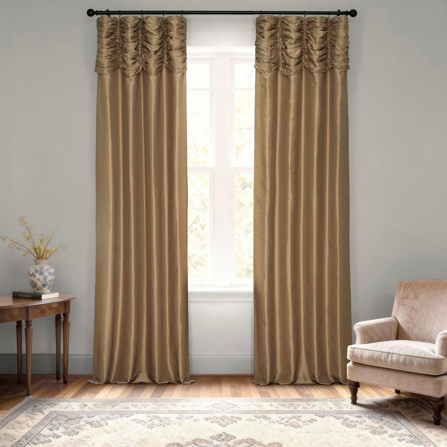 HPD Half Price Drapes Ruched Faux Dupioni Silk Curtains for Living Room 50 X 96 (1 Panel), PDCH-KBS8-96-RU, Flax Gold