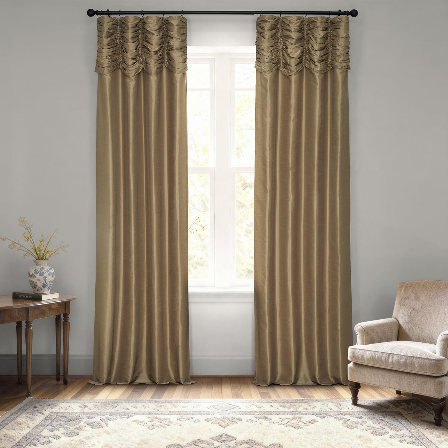 Hpd Half Price Drapes Flax Gold Ruched Faux Dupioni Silk Curtains For Living Room 50 X 84 (1 Panel), Pdch-Kbs8-84-Ru,