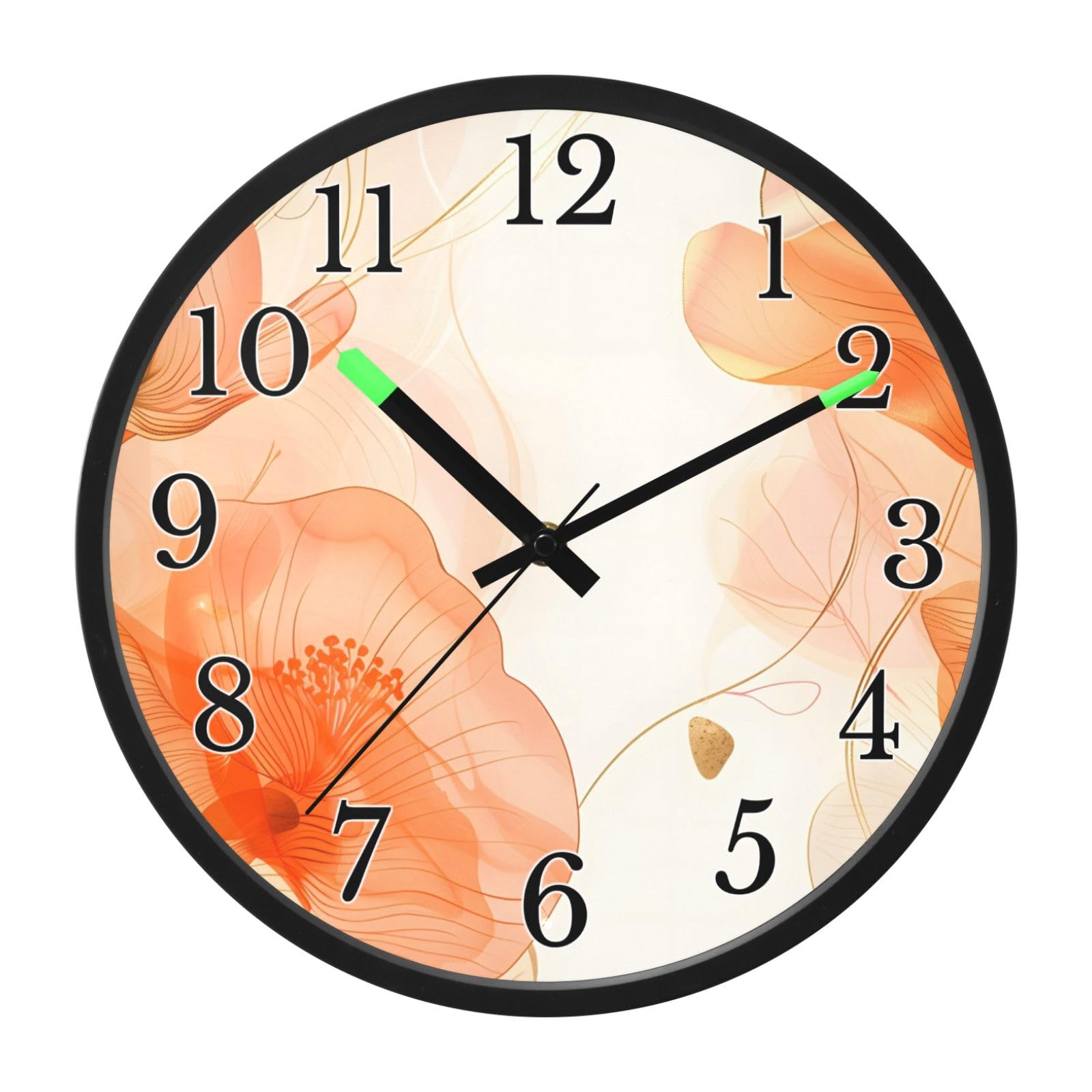 Mnsruu Reloj de pared luminoso naranja con copias de flores, hojas de plantas, reloj de dormitorio, funciona con pilas, reloj silencioso que brilla en la oscuridad, para sala de estar, cocina, 12