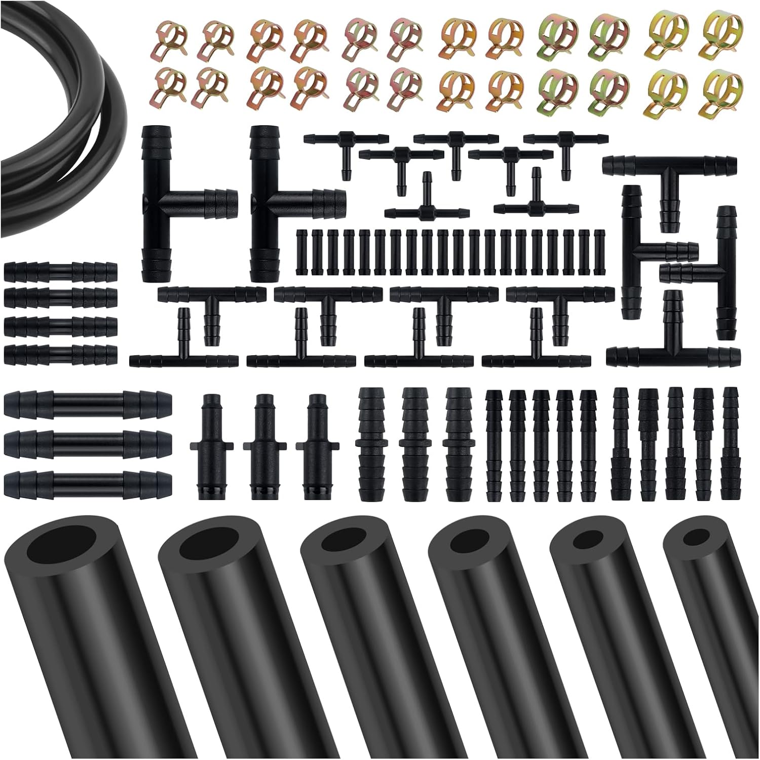 94PCS 5Ft Vacuum Hose Automotive Set,6 Sizes 3/8",5/16",1/4",3/16",5/32",1/8" Silicone Vacuum Lines Kit with 64 Connectors & 24 Clamps,High Temp Resistant Vacuums Hose Kit