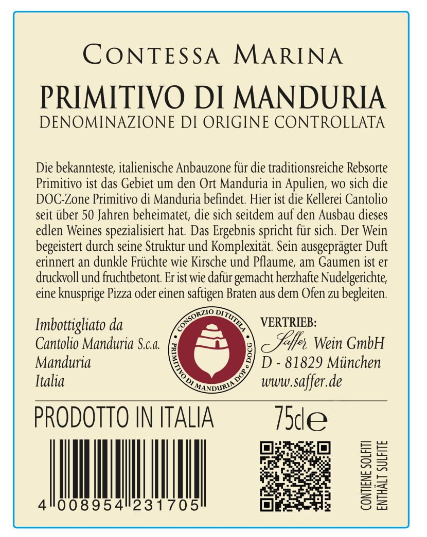 Primitivo di Manduria DOC ''14'' Contessa Marina Rotwein Apulien trocken (6 x 0.75l)