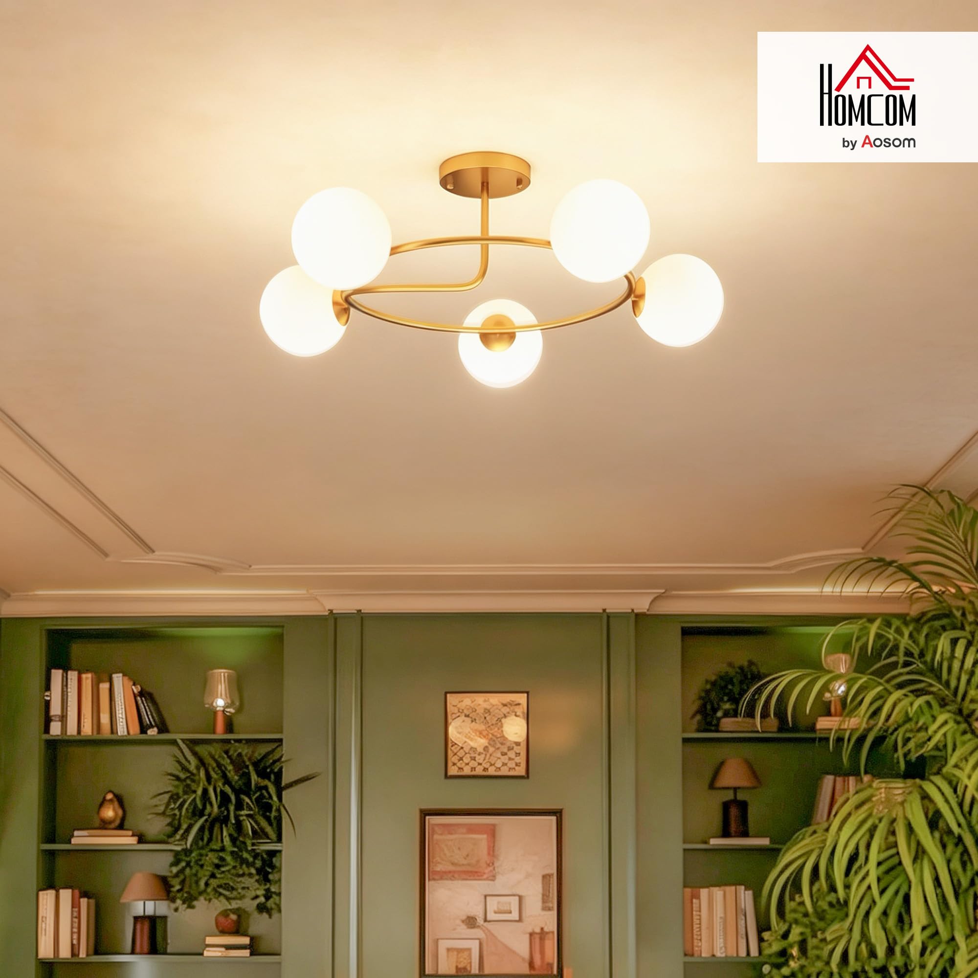HOMCOM Plafonnier LED 20W 5 Culots G9 Lampe de Plafond Moderne Doré Blanc | Luminaire Plafonnier, à Montage Semi-Affleurant, pour Salon, Couloir, Salle à Manger, Cuisine, Ampoules Non Incluses