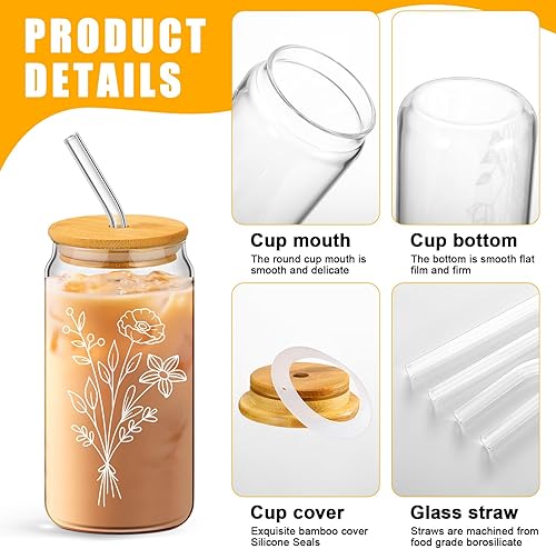 Miniatura 3 de Juego de 4 tazas de vidrio de café helado floral de 16 onzas con forma de lata con tapas de bambú y pajitas de vidrio estético para mujeres regalos