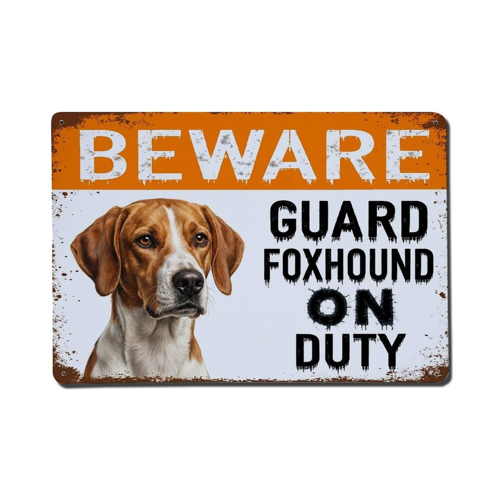 Vintage Funny Foxhound Guard Beware of Dog Balcony Metal Tin Sign Plaque Wall Decor for Cafe, Club Bar, Office, Garden Metal Poster 8x12Inch