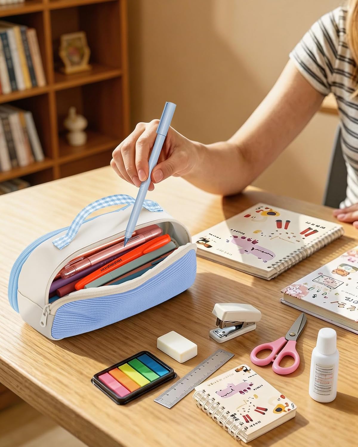 FINPAC Large Pencil Case Transparent Pocket - Corduroy Back | 40+ Pens Organizer | Zip Pocket | Wrist Strap (Pink and Blue)