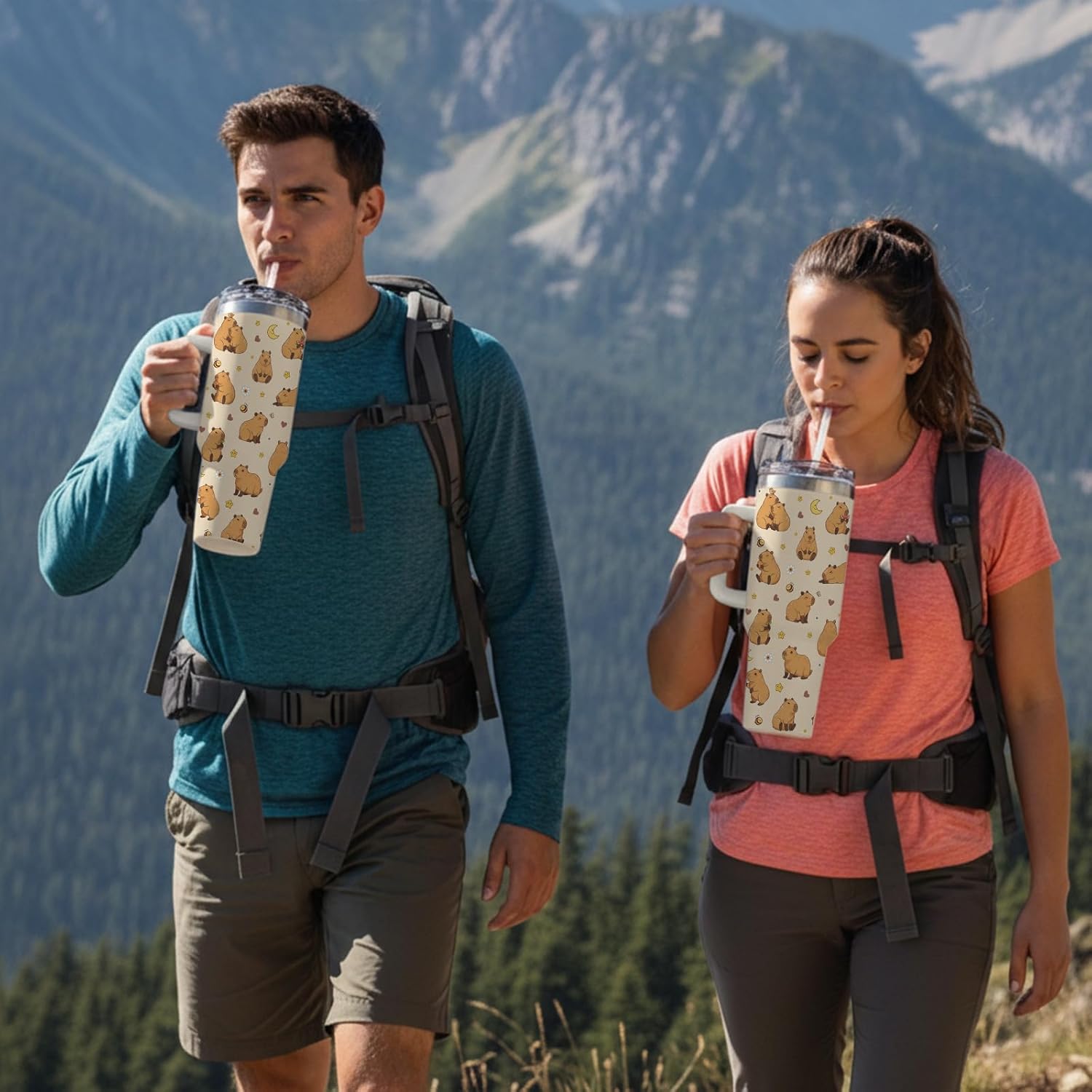 Capybara Tumbler, 40 oz Stainless Steel Tumbler with Handle and Straw, Large Capacity Insulated Travel Mug with Lid, Double Wall Vacuum Cup - Image 5