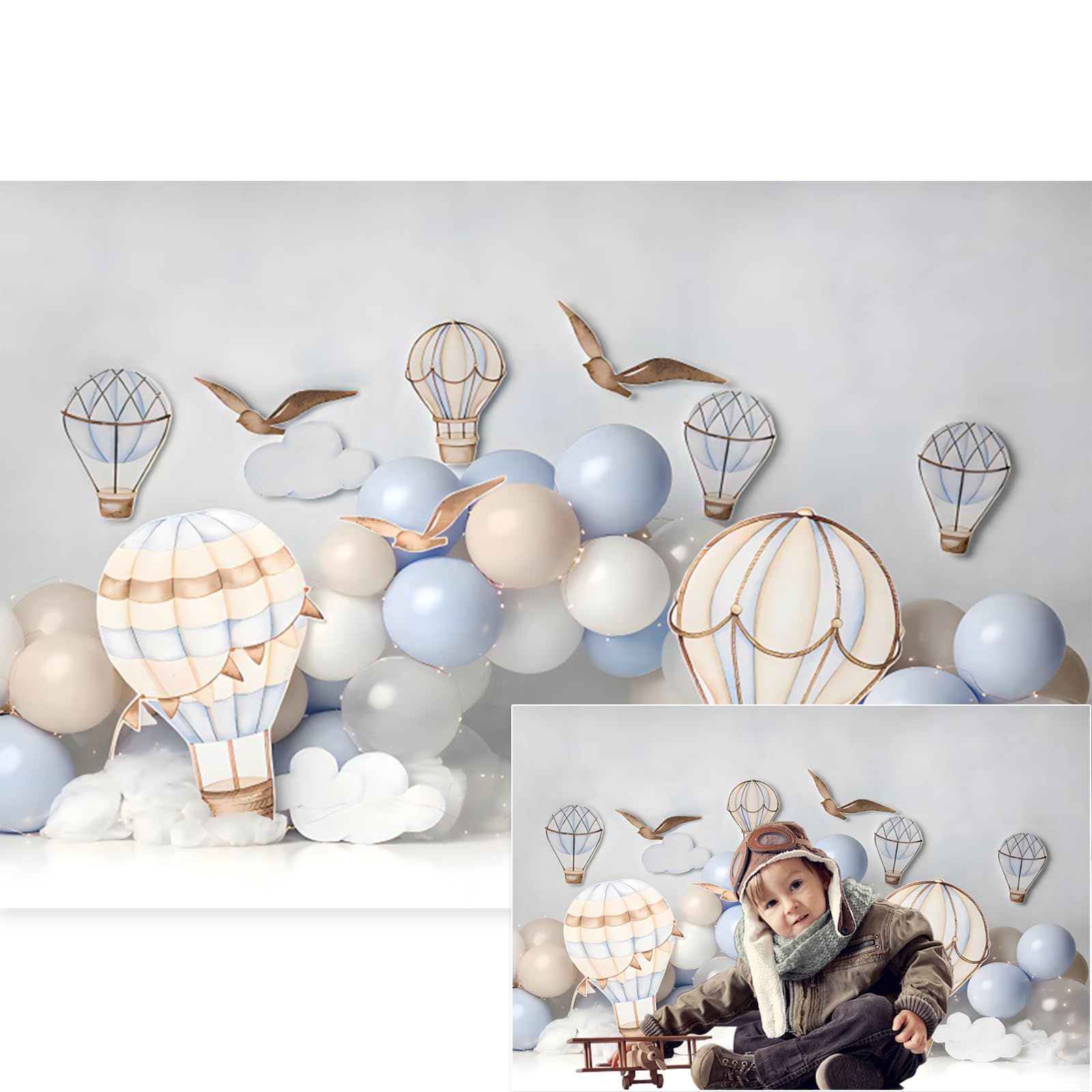 YongFoto Hot Air Balloon Backdrop 8x6ft Seagulls Clouds Sky Travel Adventure Flying Tour Photography Background Landing Soon Baby Shower First Trip