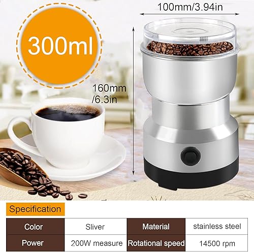 Miniatura 4 de Molinillo de café, mini molinillo de especias eléctrico de 200 W, 10.1 fl oz con cuchillas de acero inoxidable, molinillo seco para frijoles,
