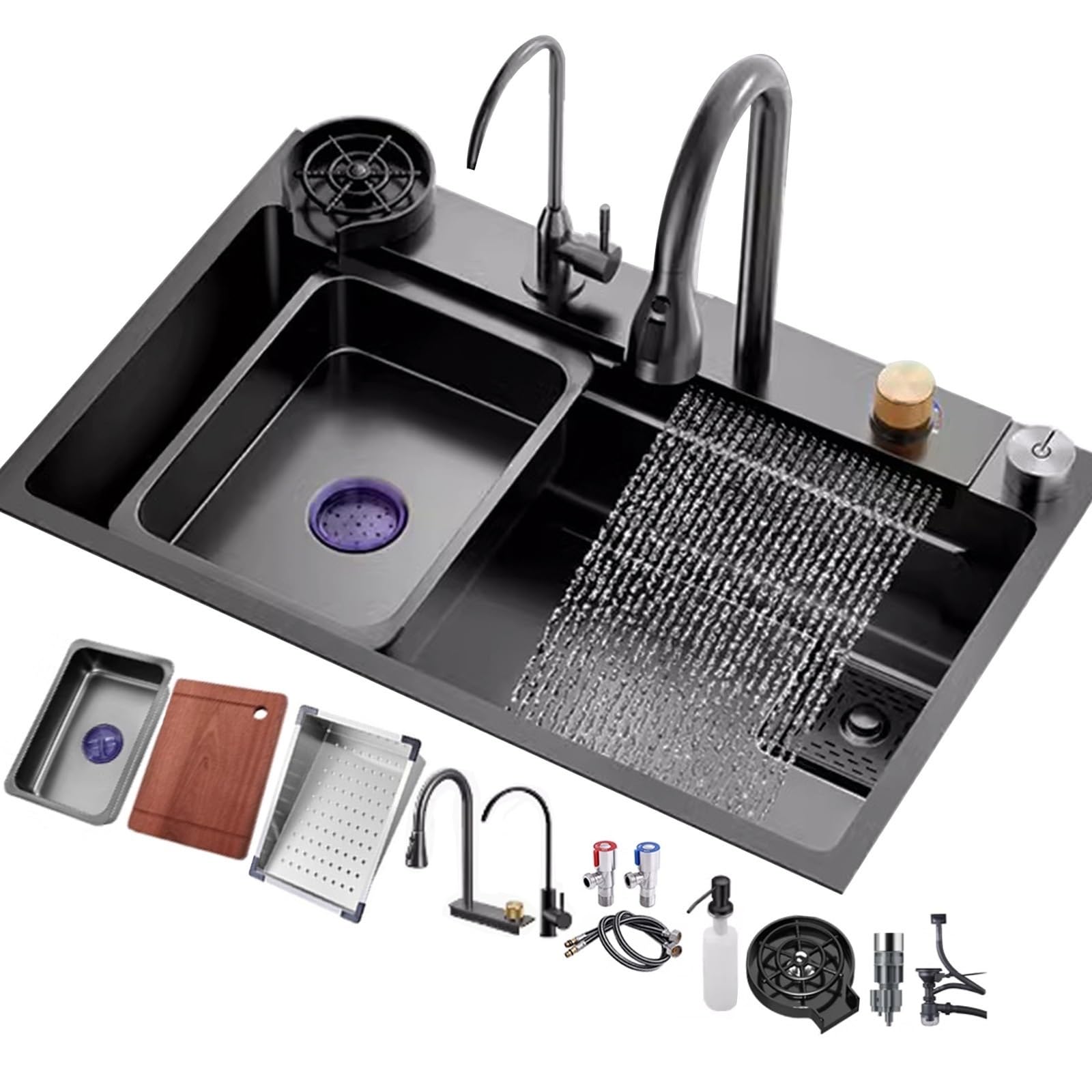 YADZISW Large Single Bowl Kitchen Sink with Waterfall Faucet, Stainless Steel, Includes Cup Washer and Soap Dispenser