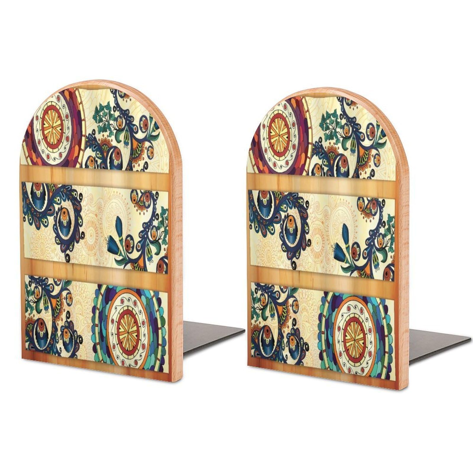 Oriental Vintage Paisley Pattern Eastern Motifs in Flat Boho Art Design Beech Wood Bookends Heavy Duty Book Organizers Desktop File Holder for Office Home Bookshelf