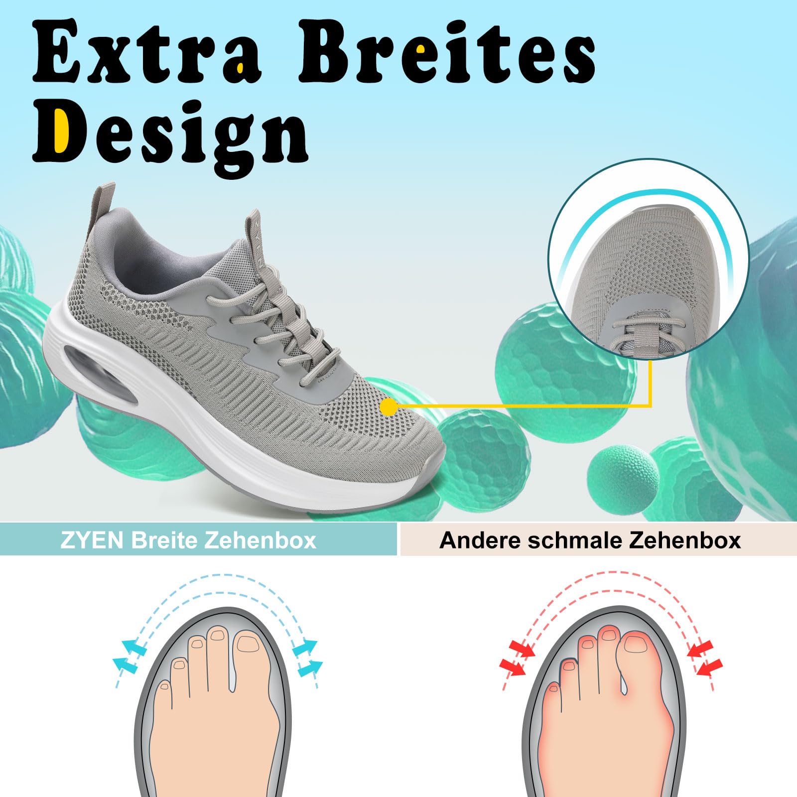 ZYEN Damen breite füße Schuhe, luftgepolsterte extra breite Schuhe, atmungsaktive Sportschuhe, leichte und Bequeme Damen-Laufschuhe, Sneaker für das Training im Fitnessstudio