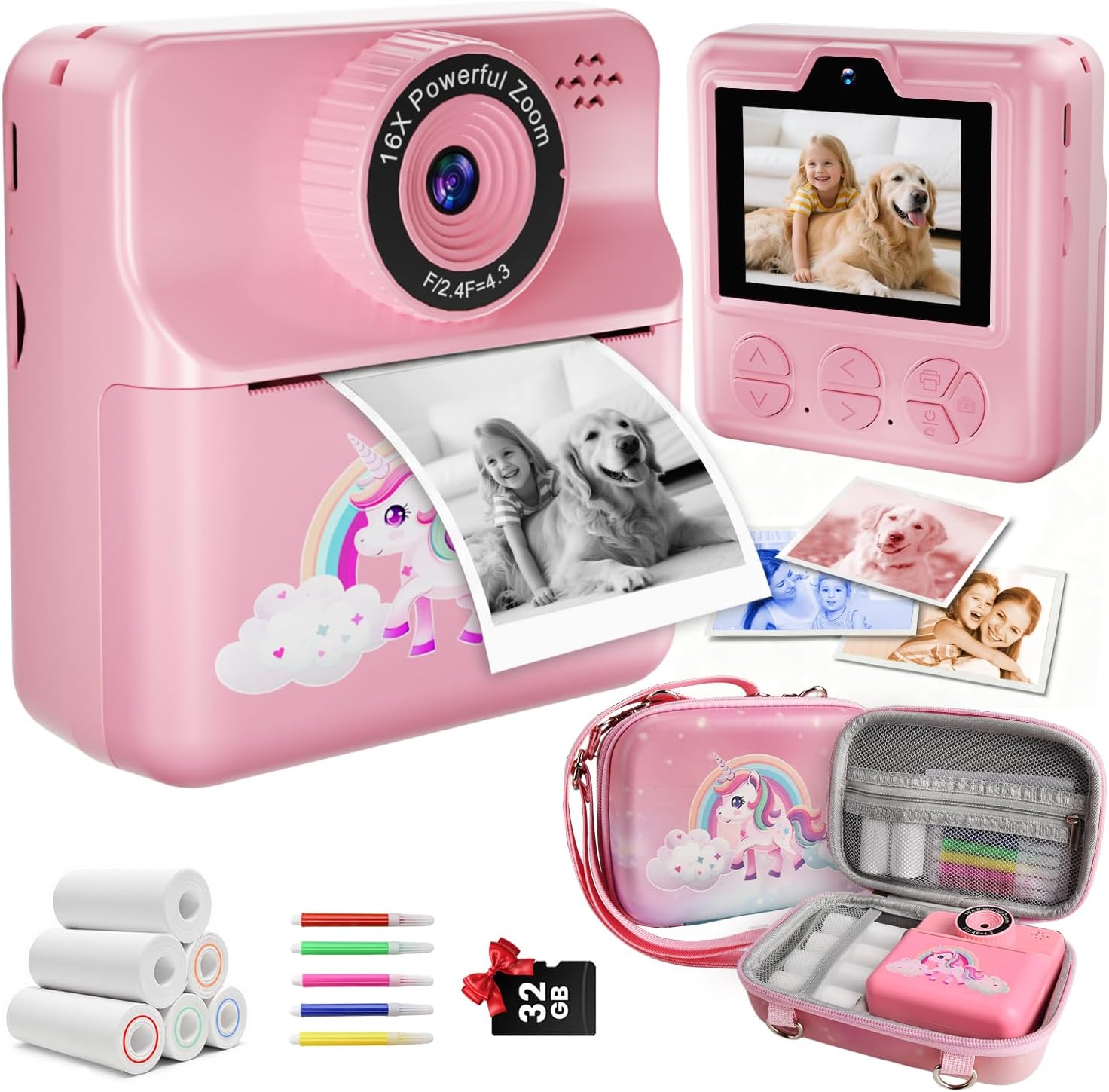 Instant Print Camera for Kids, Digital Selfie Cameras with Carry Case & 5-Color Paper, Portable Toddler Toy Christmas Birthday Gifts for 3 4 5 6 7 8 9 10 11 12 Year Old Girls – Pink